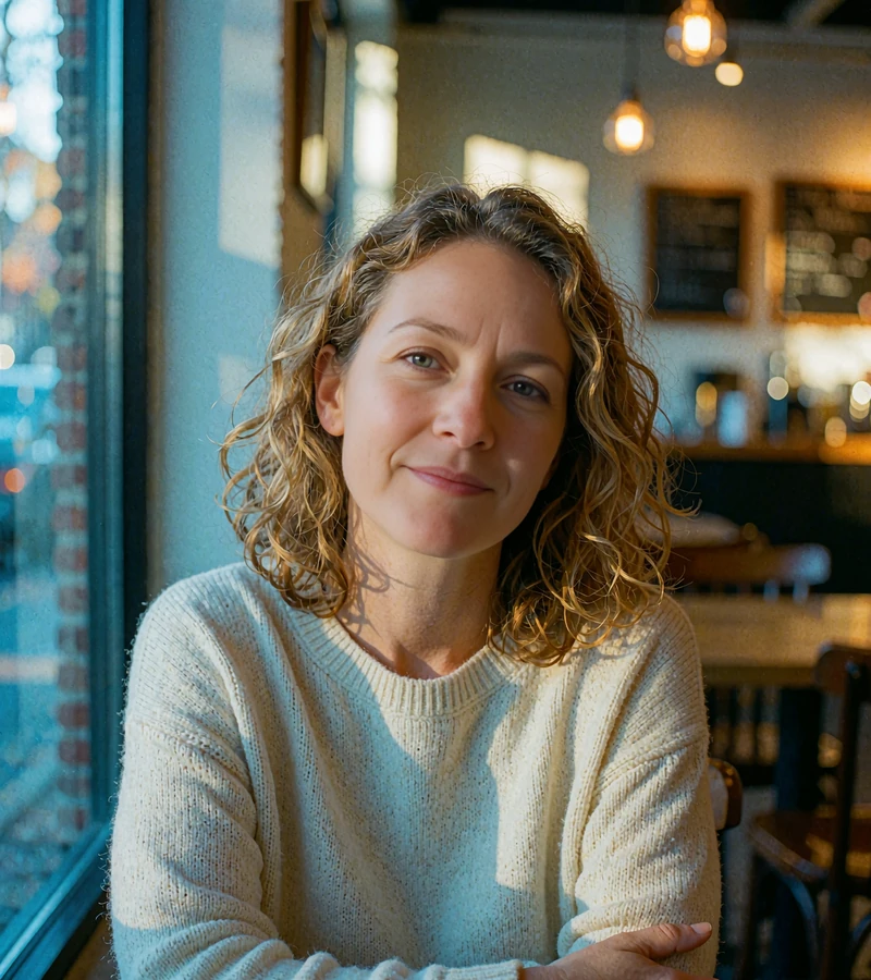 Woman in her late thirties in a cream sweater by a coffee shop window, local dating reader profile for this elvori review