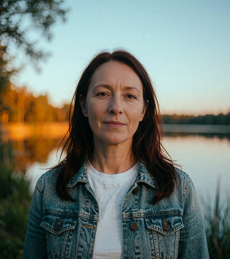 Woman in her mid-forties in a denim jacket by a lake at dusk, single parent online dating profile in our elvori review